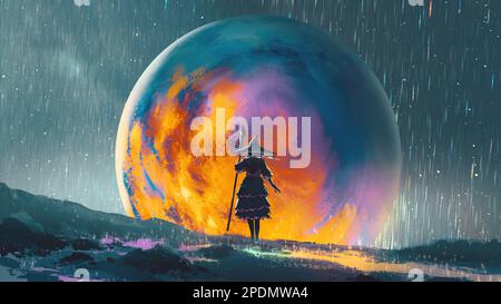 Hexe mit Zauberstab, die vor dem bunten großen Planeten steht, digitaler Kunststil, Illustrationsmalerei Stockfoto