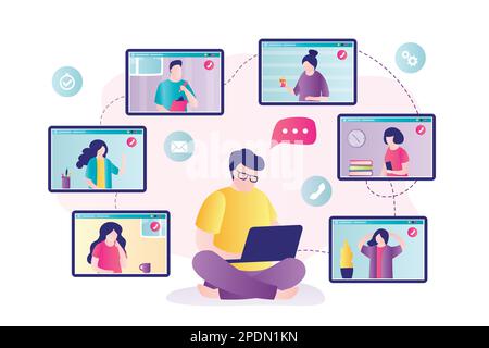 Ein Geschäftsmann sitzt am Laptop und kommuniziert mit Kollegen. Geschäftsleute auf einer Online-Konferenz. Virtuelles Online-Meeting. Konzept der Heimarbeit Stock Vektor