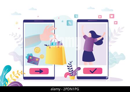 Handgriffe-Paket mit verschiedenen Geschenken. Süße weibliche Figur freut sich über Online-Geschenke. Cartoon-Frau erhält virtuelle Geschenke über Smartphone. Verbote Stock Vektor