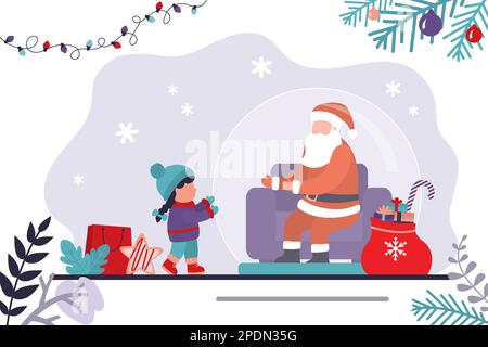 Der Weihnachtsmann und das Mädchen treffen Vorsichtsmaßnahmen während der Pandemie des Coronavirus. Der Weihnachtsmann in Schutzblase, hält soziale Distanz. Winterferien, Witzfigur C. Stock Vektor