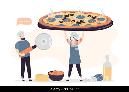 Winzige Leute kochen große Pizza. Die Köche bereiten traditionelle italienische Gerichte zu. Lustige Leute arbeiten in der Pizzeria. Arbeiter in Uniform. Zutaten für die Zubereitung von Pizza Stock Vektor