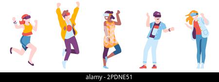 Männliche und weibliche Charaktere, die Spaß in der virtuellen Realität haben. Menschen mit VR-Brille. Spielsimulation. Moderne Technologie. Interaktives Spielen. Lachen Stock Vektor