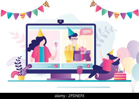 Freunde wünschen ihrer Freundin alles gute zum Geburtstag. Süße Frau mit engen Leuten, die online Geburtstag feiern. Konzept der Selbstisolation und Quarantäne. Ein-/Ausschalten Stock Vektor