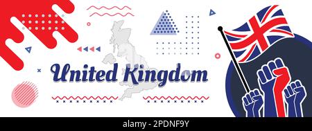 Banner für den Nationaltag des Vereinigten Königreichs für den Unabhängigkeitstag mit abstraktem Design. Großbritannien, Großbritannien, Landkarte, erhabene Fäuste und geometrische Kunst in Flaggenfarben. Stock Vektor