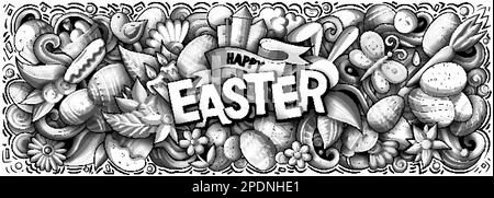 Happy Easter handgezeichnete Zeichentrickfilme Illustration. Posterdesign mit lustigen Weihnachtsgegenständen und Elementen. Kreativer Kunsthintergrund. Grafikvektor banne Stock Vektor