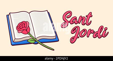 La Diada De Sant Jordi (St. George Day). Traditionelle Feier in Katalonien. Rote Rose und Zeichentrickfilm. Vektorbanner-Abbildung. Stock Vektor