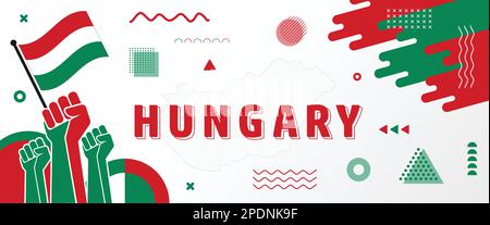 Banner für den Nationaltag Ungarns für den Unabhängigkeitstag mit abstraktem, modernem Design. Ungarischer Tag mit Karte, erhobenen Fäusten und geometrischen Kunstflaggen. Stock Vektor