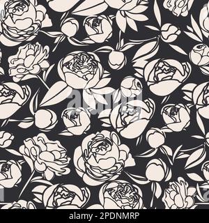 Vektorblütenmuster. Weiße dekorative Pfingstrosen mit Stilelementen, die sich chaotisch auf schwarzem Hintergrund wiederholen. Trendiges Design . Stock Vektor
