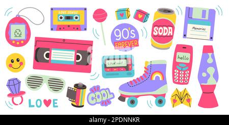 Klassische 80s 90s-Elemente in modernem Stil, flacher Linienlook. Handgezeichnete Vektordarstellung. Modeaufnäher, Abzeichen, Emblem. Stock Vektor