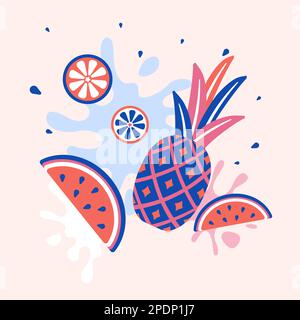 Sommerlich saftige abstrakte Fruchtspritzer. Ananas-, Wassermelonen- und Zitrusscheiben. Saft, frisches Obst, Getränk oder Dessert. Dekorative Vektorgrafik Stock Vektor