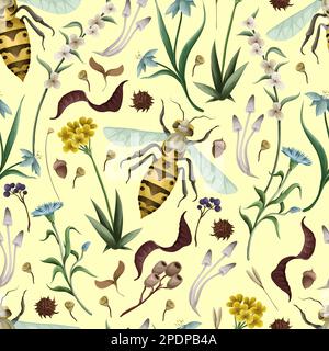 Nahtloses Muster mit Wespe und Blumen. Vektor Stock Vektor