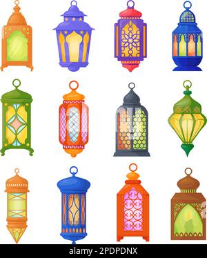 Berühmte Laternen. Cartoon-ramadan-Lampen für iftar-Party, hängende alte arabische Lampe oder ramadhan-Laternen-Fanoos, traditionelle islamische Religion eid mubarak-Vektordarstellung Stock Vektor