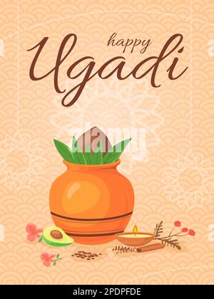 Ugadi. Indischer Staatsreligionsurlaub, gudi Padwa Festival Feier Happy ugadi Grußkarte mit Rangoli Blumentopf hindu Pooja Food, Karnataka india Vector Illustration eines fröhlichen Weihnachtsdesigns Stock Vektor