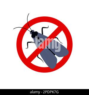 Anti-Motten, Schädlingsbekämpfung. "Insekten stoppen" -Schild. Silhouette der Motte im roten Verbotskreis, Vektorillutation. Kein Motteninsektenzeichen. Vektor-Illustration Stock Vektor