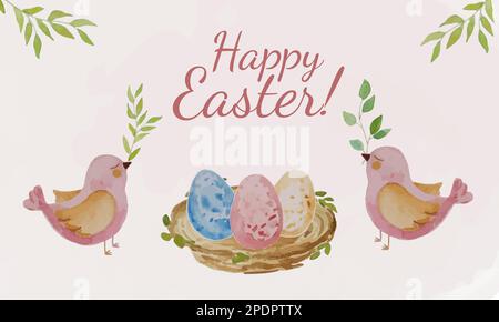 Frohe ostern. Aquarelldarstellungen von ostereiern in einem Nest und Vögeln mit Zweigen. Grußkarte, Poster oder Hintergrund Stock Vektor