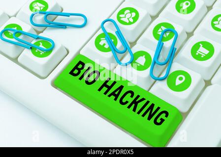 Konzeptionelle Überschrift Bio Hacking. Konzeptionelle Fotoausbeutung genetischen Materials experimentell ohne Berücksichtigung ethischer Standards Stockfoto