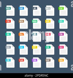 Gängige Systemdateiformate. Dokumenttypen und Erweiterungen. Flache Ikonen-Kollektion. Dokument-Piktogramm, Web-Design-UI-Element, Vorlage. Computer Stock Vektor