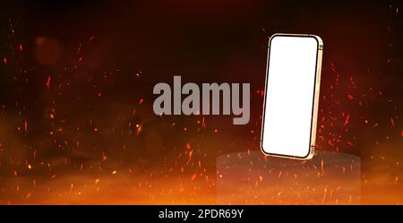 3D das realistische Smartphone befindet sich auf einem Podium, das von Flammen umgeben ist Stock Vektor