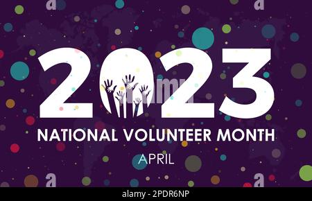 2023 Concept National Volunteer Month. Freiwillige Gemeinschaften Banner oder Vorlage mit Handzeichen auf blauem Hintergrund mit bunten Punkten auf der Hälfte Stock Vektor