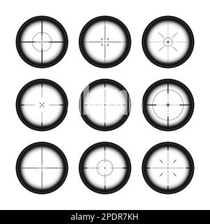 Verschiedene Waffenvisiere, Scharfschützengewehr optische Scopes. Jagdgewehr-Sucher mit Fadenkreuz. Ziel, schießen Marke Symbol. Militärisches Zielzeichen, Silhouette Stock Vektor