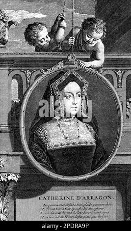 Katharina von Aragon (1485-1536) war die erste Frau von König Heinrich VIII. Von England. Sie war zunächst beliebt und wurde für ihre Frömmigkeit und ihren politischen Scharfsinn respektiert, aber ihre Unfähigkeit, einen männlichen Erben zu tragen, führte zur Annullierung ihrer Ehe und ihrem anschließenden Exil aus dem Gericht. Catherine weigerte sich, die Annullierung und ihren Status als Königin zu akzeptieren, was dazu führte, dass sie sich von ihrer Tochter Mary I entfremdet hat Sie starb 1536 und glaubte immer noch, Henrys rechtmäßige Frau zu sein Stockfoto