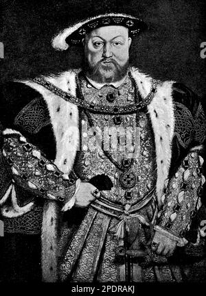 Heinrich VIII (1491-1547) war der zweite König von England in Tudor und ist vielleicht am besten bekannt für seine sechs Ehen und seine Rolle bei der englischen Reformation. Sein Wunsch nach einem männlichen Erben und seine Frustration darüber, dass er keinen mit seinen ersten beiden Frauen bekommen konnte, veranlassten ihn, eine Annullierung des Papstes zu beantragen und schließlich von der katholischen Kirche zu brechen und die Kirche von England zu gründen. Henry war auch bekannt für seine Liebe zu Jagd, Musik und Sport sowie für sein launisches Temperament und sein rücksichtsloses politisches Manöver. Er wird oft als überlebensgroße Figur dargestellt, sowohl im historischen als auch im populären c Stockfoto