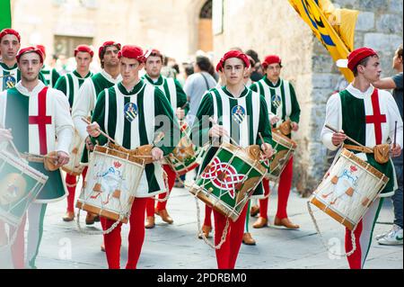 SIENA, ITALIEN - JULI 2013: Mitglieder der edlen Contrada dell'Oca tragen Fahnen mit einer gekrönten Gans auf dem Corteo Storico, einem historischen Kostümparadies Stockfoto