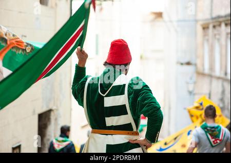 SIENA, ITALIEN - JULI 2013: Mitglieder der edlen Contrada dell'Oca tragen Fahnen mit einer gekrönten Gans auf dem Corteo Storico, einem historischen Kostümparadies Stockfoto