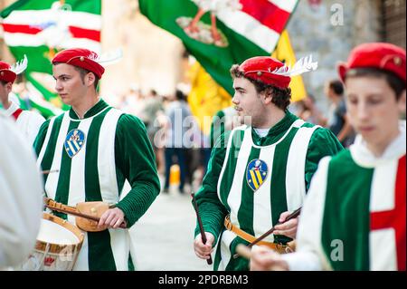SIENA, ITALIEN - JULI 2013: Mitglieder der edlen Contrada dell'Oca tragen Fahnen mit einer gekrönten Gans auf dem Corteo Storico, einem historischen Kostümparadies Stockfoto