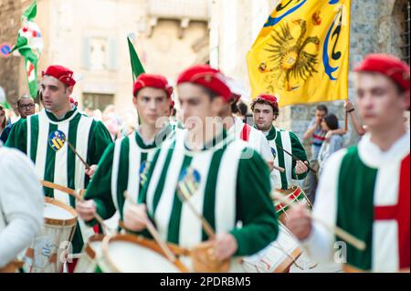 SIENA, ITALIEN - JULI 2013: Mitglieder der edlen Contrada dell'Oca tragen Fahnen mit einer gekrönten Gans auf dem Corteo Storico, einem historischen Kostümparadies Stockfoto