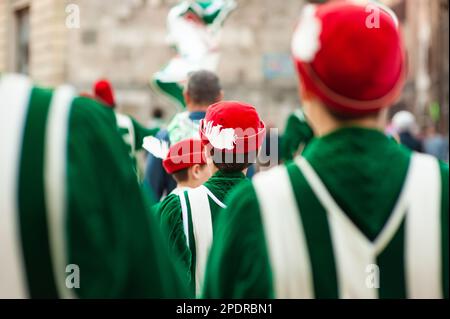 SIENA, ITALIEN - JULI 2013: Mitglieder der edlen Contrada dell'Oca tragen Fahnen mit einer gekrönten Gans auf dem Corteo Storico, einem historischen Kostümparadies Stockfoto