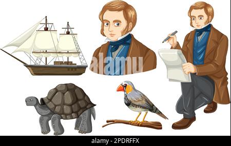 Set aus charles darwin und Tierabbildung Stock Vektor