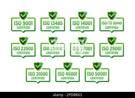 Satz ISO-Zertifizierungsstempel und -Etiketten. ISO-zertifiziertes Emblem. Informationssicherheitsmanagement Stock Vektor