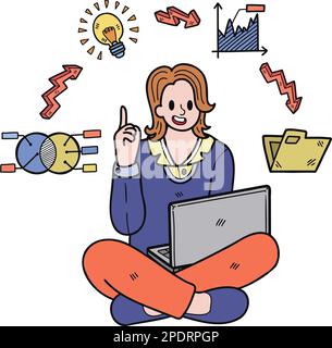 Geschäftsfrau, die im Hintergrund eine Multitasking-Illustration im Doodle-Stil macht Stock Vektor