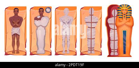 Karikatur-Set von Mumifizierungsprozessschritten isoliert auf weißem Hintergrund. Vektordarstellung eines toten Mannes, einbalsamiert im alten goldenen Sarkophag. Die antike religiöse Tradition der Beerdigung des pharaos Stock Vektor
