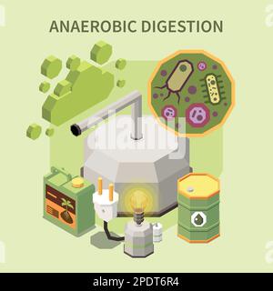 Isometrische Zusammensetzung der Biogasproduktion mit anaeroben Gärdünger-Biokraftstoff-Elektrizität auf farbigem Hintergrund 3D-Vektordarstellung Stock Vektor
