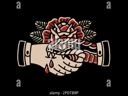 Traditionelles Tattoo-inspiriertes Grafikdesign, Handschlag mit Schlangenbiss und Rose auf schwarzem Hintergrund, vertraue niemandem Stockfoto
