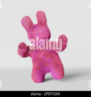 Niedlicher pinkfarbener, tanzender Osterhase auf weißem Hintergrund Grußkarte 3D-Rendering. Lila Plüschkaninchen moderner kreativer Stil. Kinder Geburtstag Pa Stockfoto