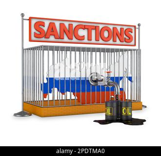 Karte von Russland in einem Käfig mit einer Ölleitung und einem Schild mit den Inschriften Sanktionen. 3D-Rendern. Stockfoto