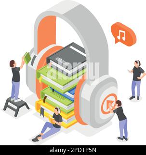 Isometrische Komposition des Hörbuchs mit Bild von großen Kopfhörern und Bücherstapel mit Vektordarstellung menschlicher Charaktere Stock Vektor