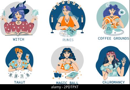 Schönheitsseher mit Runen Kaffeepulver Tarot Magische Kugel isolierte Kompositionen Flachvektordarstellung Stock Vektor