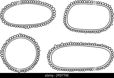 Doodle Circle und quadratische Muschelrahmen. Handgezeichnete Rechteck- und Ellipsenformen mit ausgekrümmten Kanten. Einfaches Etikettenformular. Rahmen aus Blumenspitze Stock Vektor