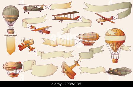 Aeronautics Retro-Vintage-Flugzeugtransport-Banner mit isolierten Ikonen von Flugzeugen Luftschiffe mit leeren Bändern Vektordarstellung Stock Vektor