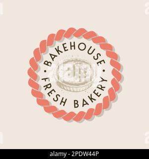 Abbildung eines Backwaren-Emblems oder Retro-Vektors des Etiketts. Ohrohrsilhouette für Bäckerei. Retro-Design mit typografischem Logo. Stock Vektor