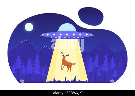 UFO-Entführung von Hirschen im Nachtwald Flachkonzeptsanschauung Stock Vektor