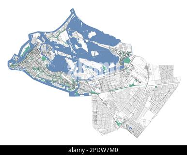 Abu Dhabi Karte, Verwaltungsgebiet der Stadt. Hauptstadt der Vereinigten Arabischen Emirate detaillierter Stadtplan. Vektorstruktur mit Straßen, Parks, Inseln und Küste. Stock Vektor