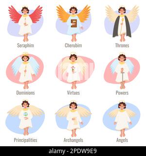 Paradise bible flache Infografik mit neun isolierten Zeichen, die Typen von Engeln mit Textbeschriftungen darstellen Vektordarstellung Stock Vektor