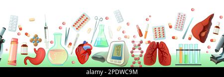 Medizin und Behandlung. Nahtloser unterer Rand. Cartoon-Style. Studienteilnehmer. Geräte und innere Organe des Menschen zur Behandlung. Isoliert auf weiß Stock Vektor