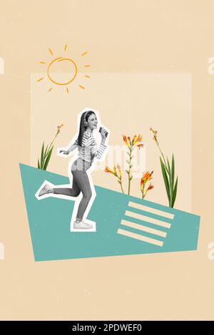 Vertikale Collage Bild Poster der positiv fröhlichen Dame Freuden Sommerurlaub Genießen Sie den Wochenendspaziergang sonniges Wetter draußen Stockfoto