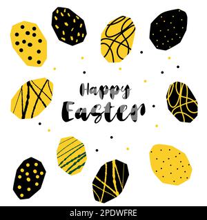 Happy Easter stilisierte Textur ostereier Illustration im Schnittstil Gelb schwarz isoliert auf Weiß Stock Vektor
